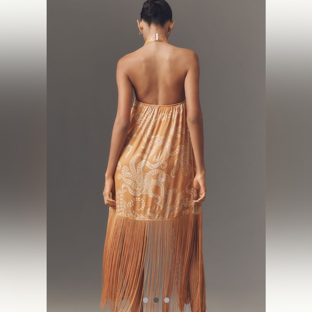 New FARM Rio x Anthropologie Halter Fringe Satin Mini Dress - Picture 3 of 3
